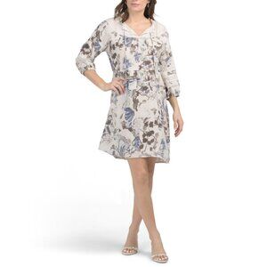 BONITO  Italy Linen Blend Long Sleeve Floral Dress With Eyelet Inset